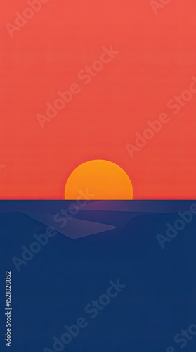 A large orange sun descends toward the horizon of a deep blue ocean surrounded by a warm gradient sky capturing the tranquility of dusk at the sea
