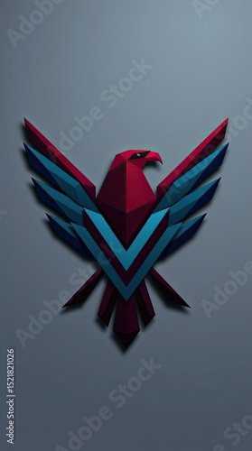 A vibrant eagle emblem features red and blue geometric shapes against a neutral wall showcasing modern design elements and dynamic energy
