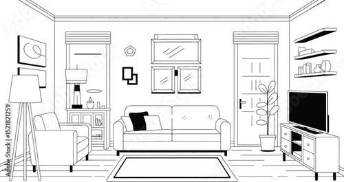 A living room interior with a sofa armchair tv and various decorations outlined