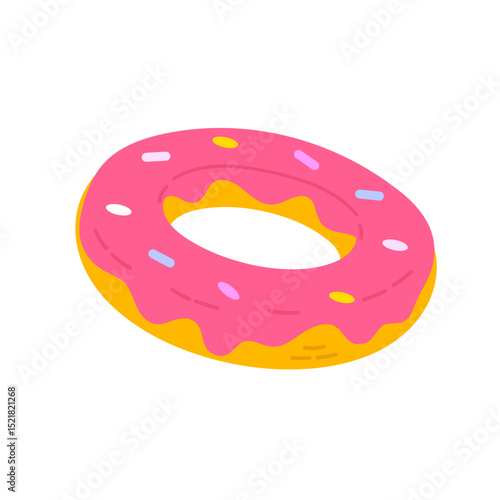 Inflatable pool float shaped like a pink donut with yellow frosting and sprinkles, great for summer product mockups and swim visuals