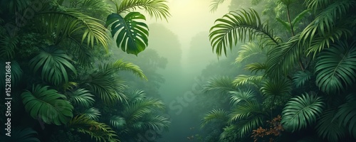 Tropical jungle background with lush green leaves. Banner design for text field. Concept recreation, travel, nature. Forest, leaves, exotic flora, monstera plants. Calm, relaxing atmosphere.