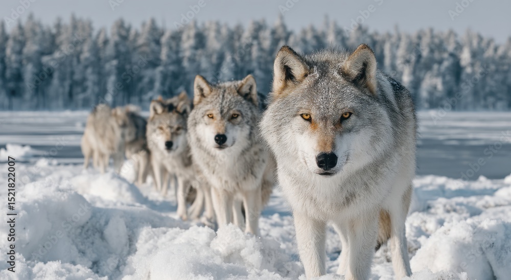 Naklejka premium Pack of Wolves Walking in Snowy Wilderness, Representing Wildlife Conservation and Winter Adventure Travel : Generative AI