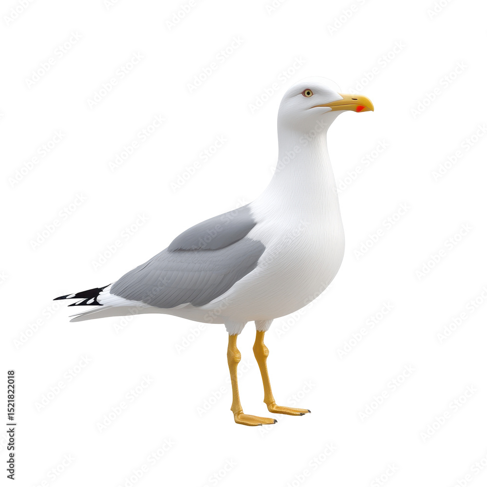 Fototapeta premium Seagull standing proudly on a white background with striking grey wings and bright orange beak
