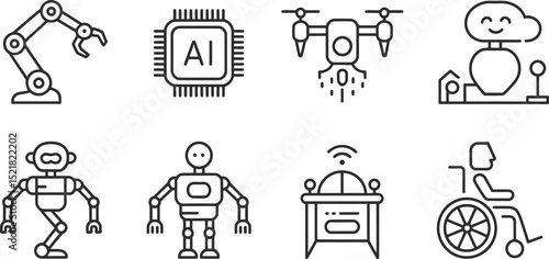 A set of eight line art icons depicting artificial intelligence and robotics themes