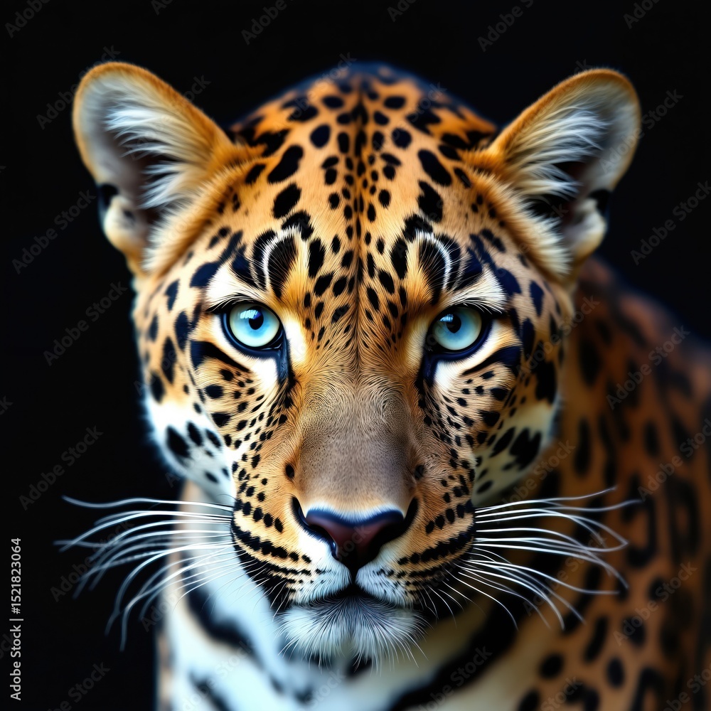 Obraz premium Close-up portrait of a majestic leopard isolated on black background. Big cat with striking blue eyes stares directly. Powerful animal with fur spots pattern, hunter from african safari.