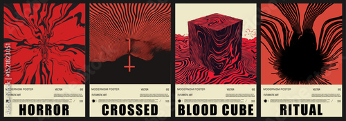 Horror-themed vector posters in a bold Psychedelic Op Art style, using hypnotic optical illusions and high-contrast color, reflect the trend for striking, modern abstract graphics.