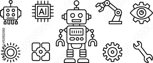 Illustration of various robotic and artificial intelligence themed line icons set