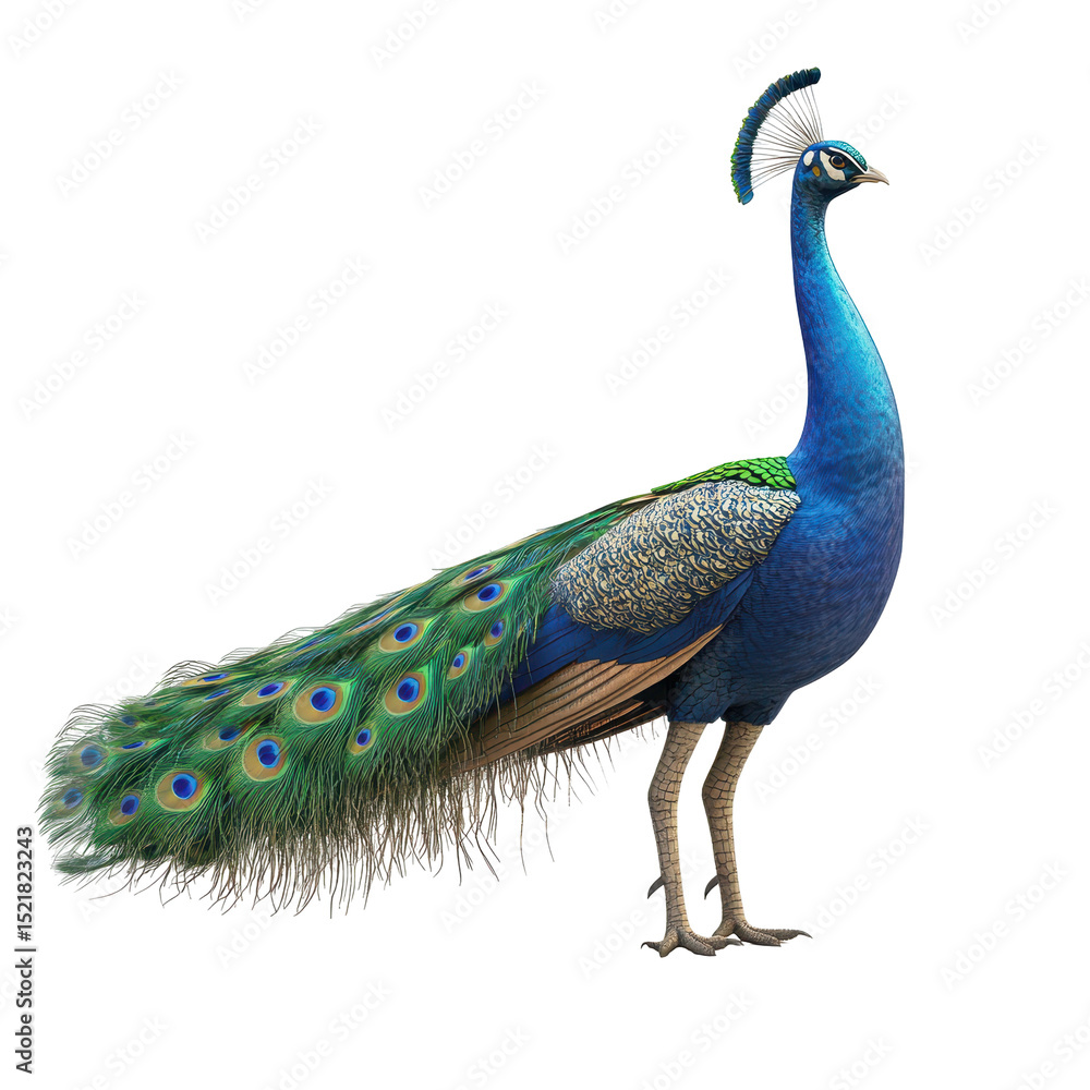 Fototapeta premium Colorful peacock displaying its vibrant feathers in a natural setting during daylight hours