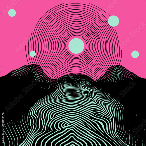 Vibrant vector illustration in a trending Neo-Psychedelic style: wavy lines form surreal mountains and a large sun, using bold pink and black for a modern, eye-catching abstract look.