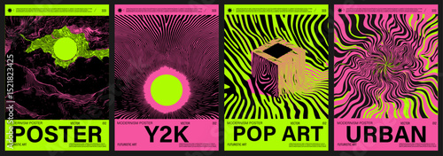 Vibrant vector posters in Neo-Psychedelic and Y2K-inspired style, featuring optical illusions, wavy lines, and bold neon pinks and greens—a popular 2025 trend in modern digital art.