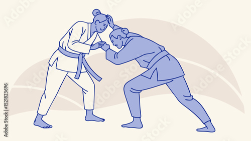 Simplified silhouette of two sambo practitioners grappling together  