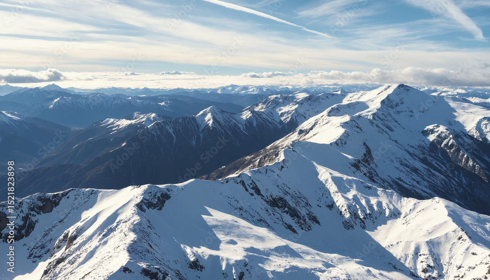 Obraz premium Aerial view of snow-covered mountains under a clear blue sky