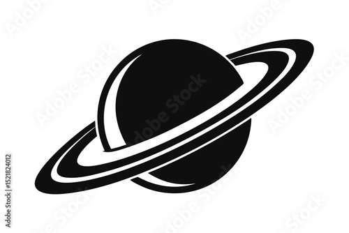 Minimalist black and white illustration of a ringed planet in space, simple design