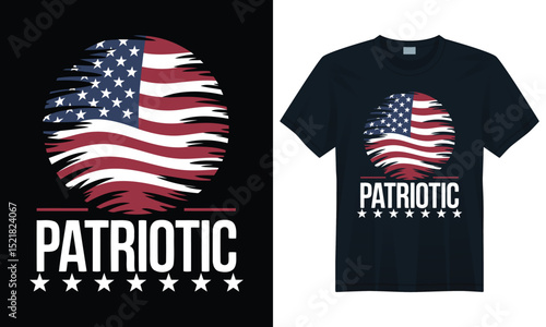 Grunge American flag circle design with patriotic text and stars for Independence Day shirt