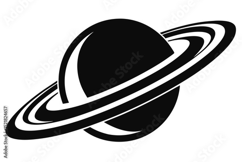 Black and White Silhouette of Saturn with Rings in Angular Perspective Graphic