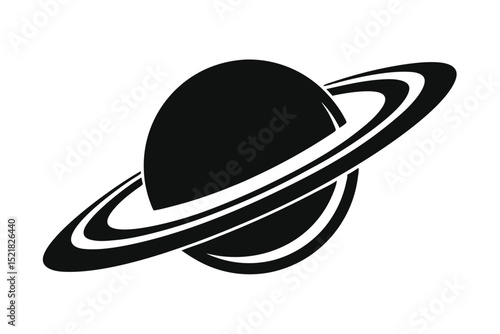 Black and White Icon of Planet Saturn with Prominent Rings in Space