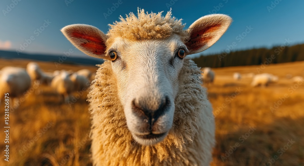 Fototapeta premium Close-Up of Sheep in Golden Field at Sunset, Showcasing Rural Beauty and Sustainable Agriculture, Representing Animal Welfare and Natural Farming Practices : Generative AI