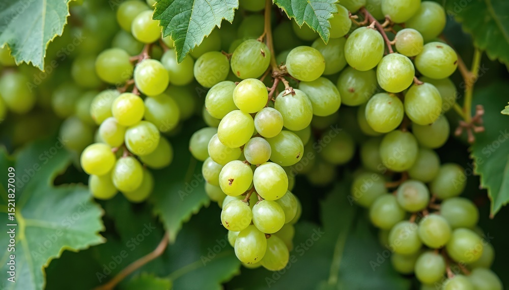Close-up shot of green grapes bunch. Ripe fruit on vine with green leaves. Agriculture harvest concept. Healthy organic food, diet nutrition. Fresh delicious sweet grapes for wine. Close-up shot of green grapes bunch. Ripe fruit on vine with green leaves. Agriculture harvest concept. Healthy organic food, diet nutrition. Fresh delicious sweet grapes for wine.