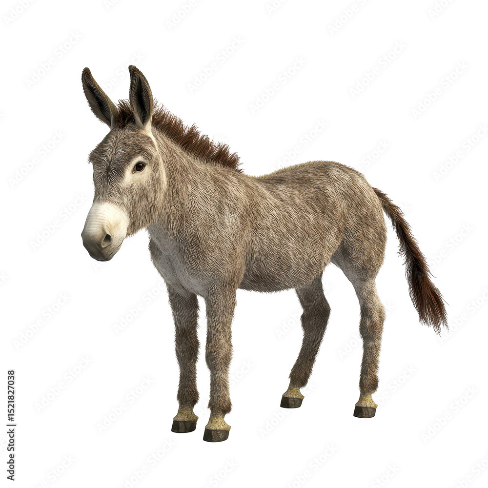 Donkey stands alone in a grassy meadow during a sunny day in rural countryside landscape Donkey stands alone in a grassy meadow during a sunny day in rural countryside landscape