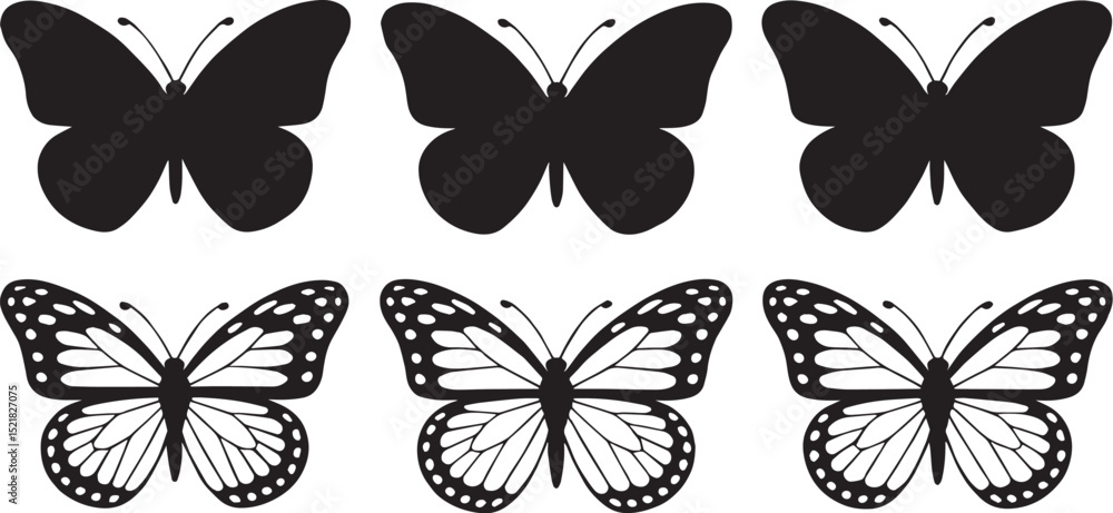 Fototapeta premium Six butterflies arranged in two rows against a white backdrop