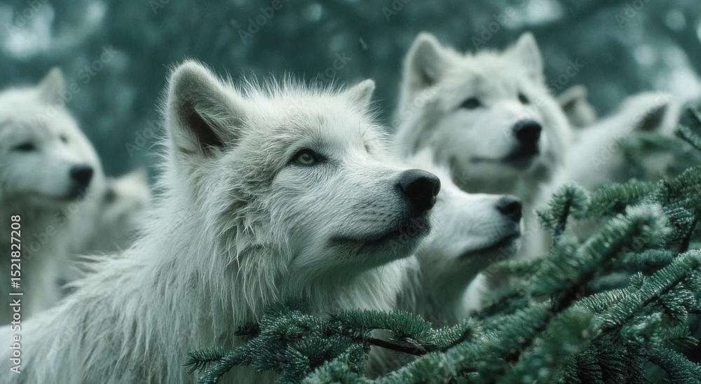 Fototapeta premium Pack of White Wolves Amidst Evergreen Trees, Evoking Wilderness and Conservation Efforts, Ideal for Environmental Awareness Campaigns and Wildlife Preservation : Generative AI
