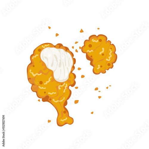 Cute vector illustration of a golden, crispy fried chicken leg torn apart on a white background. Cartoon style suitable for fast food, street food, menu, favorite food or restaurant theme design.
