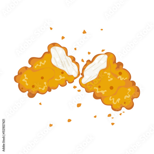 Cute vector illustration of golden crispy fried chicken sticks torn apart on white background. Cartoon style suitable for fast food, street food, menu, favorite food or restaurant theme design.