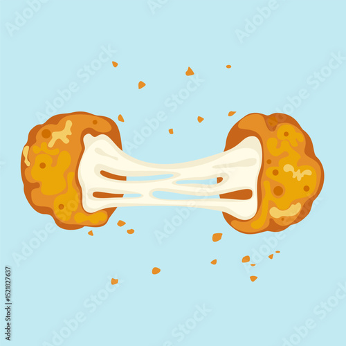 Crispy cheese balls are pulled apart, revealing melted cheese and splattered breadcrumbs. Menu, Snack, Fried food, Fast food, Delicious food in cartoon style. Vector illustration on blue background.