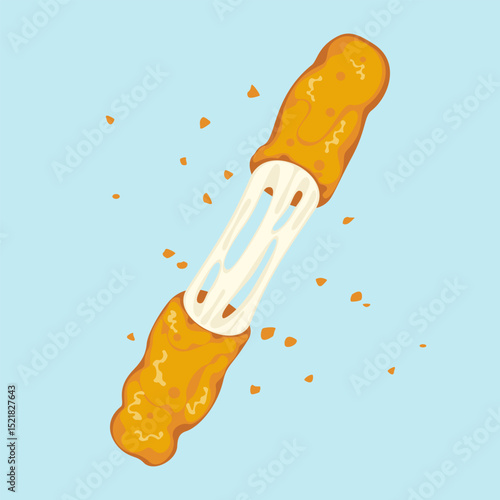 Crispy mozzarella sticks are pulled apart, revealing melted cheese and splattered breadcrumbs. Menu, snack, fried food, adelicious fast food in cartoon style. Vector illustration on blue background.