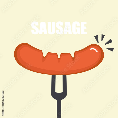 Vector illustration of sausage food on a fork. Smoked sausage, grilled sausage, barbecue, steak, cooking, food menu. Isolated blank image on white background. For poster, sign, card and advertisement.