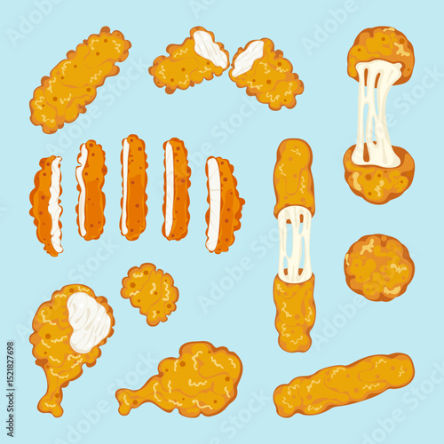 Crispy fried chicken legs, tenders, nuggets, cheese balls and cheese sticks, topped with melted cheese. Food elements, isolated on white. Delicious fast food vector illustration on a blue background.