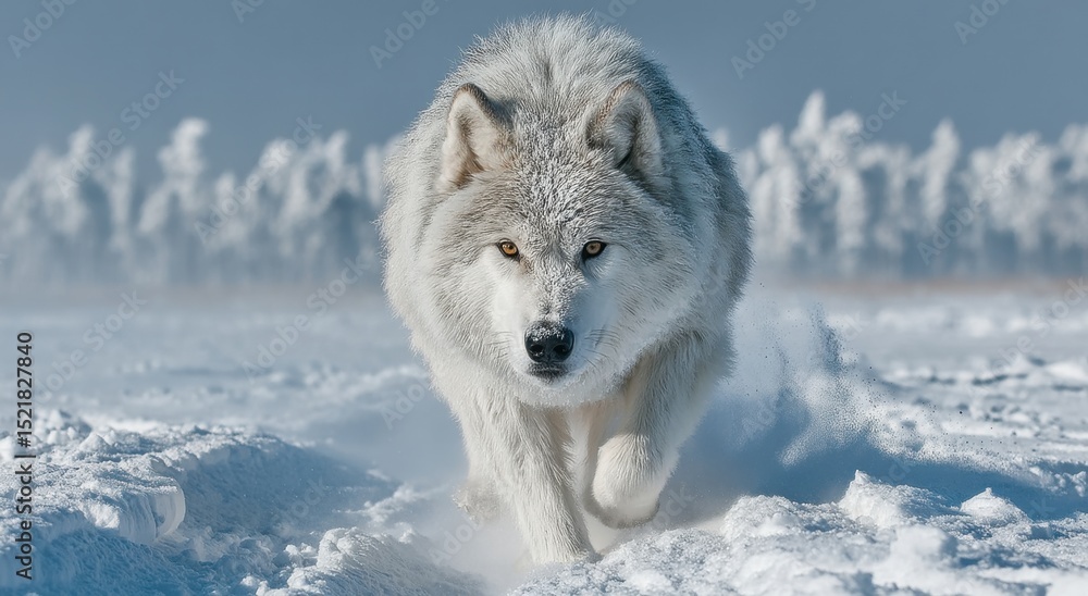 Fototapeta premium Majestic Arctic Wolf Running Through Snowy Landscape, Symbolizing Wilderness Conservation and Wildlife Protection Efforts, Promoting Ecotourism and Adventure Travel : Generative AI