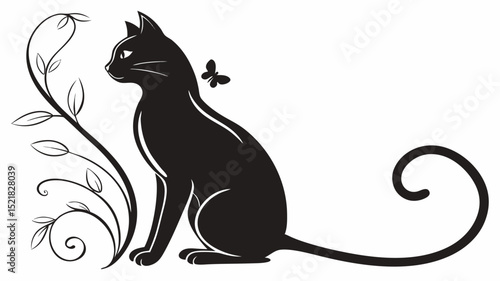 Elegant Black Cat Silhouette with Floral Design Vector Illustration