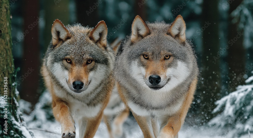 Fototapeta premium Two Wolves Walking Through Snowy Forest, Representing Wildlife Conservation and Animal Protection in Winter : Generative AI