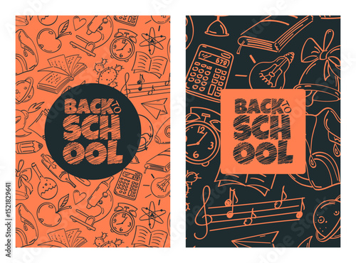 Back to school, a set of posters with doodle drawings on education. Background with seamless pattern.