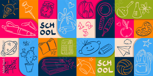 Geometric seamless pattern with pictograms on the theme of education. Ideal for covers, wrapping paper, backgrounds.