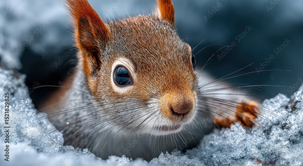 Fototapeta premium Close-Up of a Squirrel Peeking Out From the Snow, Symbolizing Winter Wildlife and Nature's Resilience : Generative AI