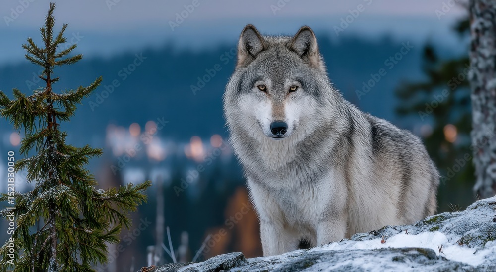 Fototapeta premium Gray Wolf Standing on Snowy Rock in Winter Forest, Representing Wildlife Conservation and Wilderness Exploration : Generative AI
