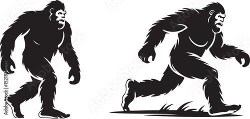 Mythical Bigfoot Sasquatch Silhouettes Vector Set of Cryptid Creatures in Action