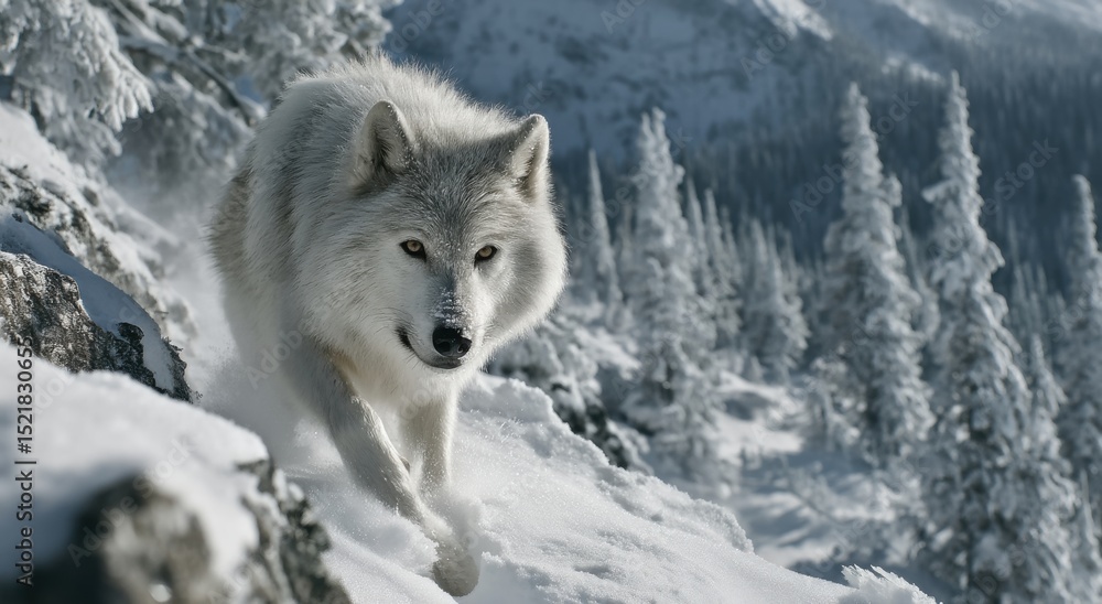 Fototapeta premium Arctic Wolf Trotting Through Snowy Mountain Pass, Representing Wildlife Conservation and Winter Adventure Travel : Generative AI