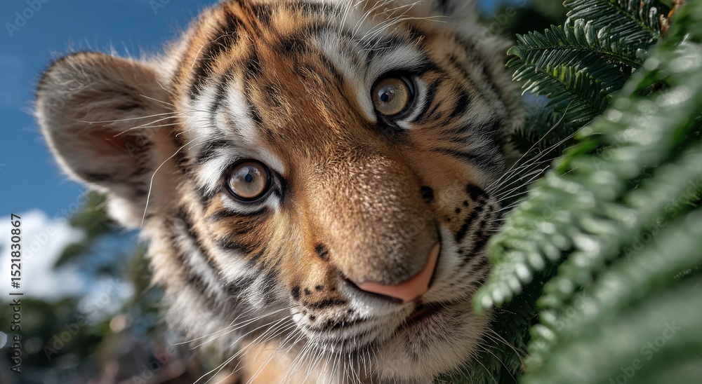 Fototapeta premium Close-Up of a Curious Tiger Cub Peeking Through Greenery, Symbolizing Wildlife Conservation and the Importance of Nature Education : Generative AI