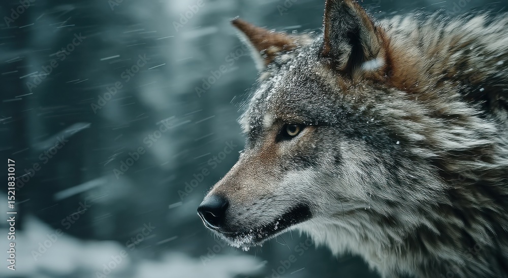 Fototapeta premium Wolf Profile in Falling Snow, Capturing Wildlife Conservation and the Beauty of Winter Wilderness : Generative AI