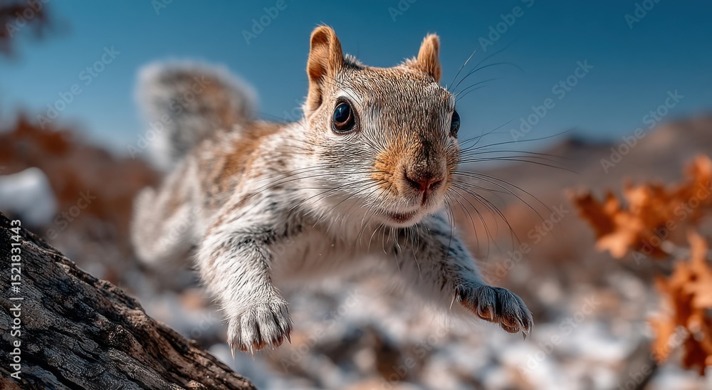 Fototapeta premium Squirrel Leaping Off Branch in Autumn Sunlight, Representing Wildlife Conservation and Nature's Resilience : Generative AI