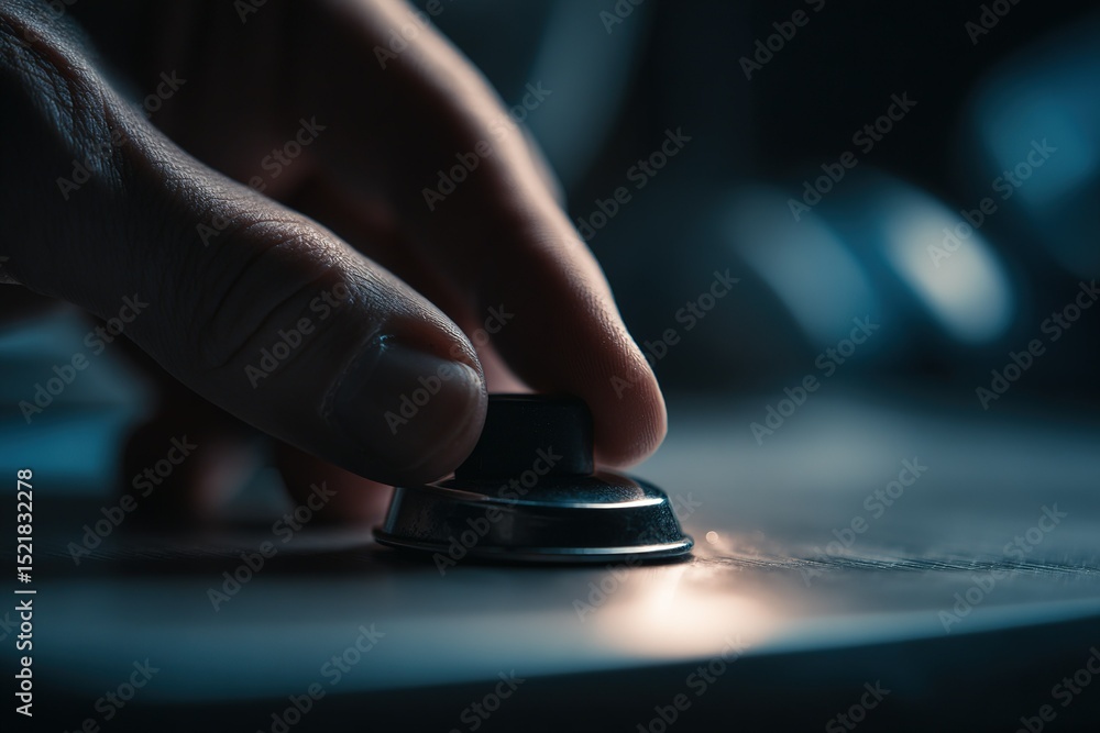 Close-up of a hand pressing a control knob on a sound mixer in a dimly lit studio during an evening recording session Close-up of a hand pressing a control knob on a sound mixer in a dimly lit studio during an evening recording session