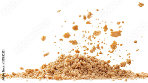 Pile of Cake Crumbs and Flying Cookie Pieces Isolated on White Background
