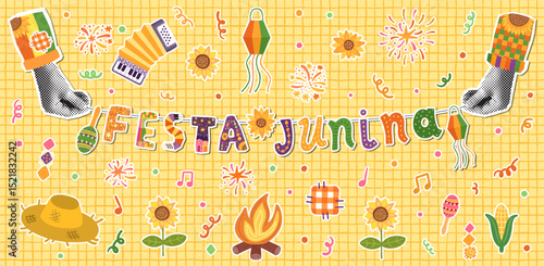 Festa Junina Vector Poster, Brazilian Festival Banner Illustration, Bunting with Text and Festive Graphics - Sunflower, Accordion, Straw Hat, Corn