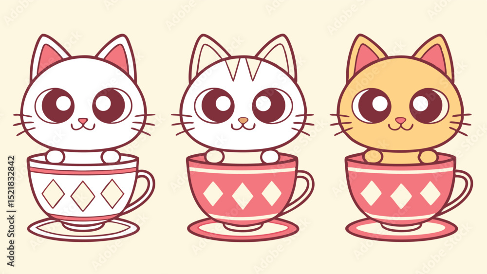Fototapeta premium Adorable cartoon cats in teacups with delightful expressions on white background