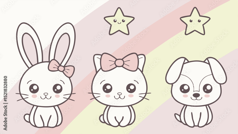 Adorable cartoon bunny cat and puppy with stars cute illustration on white Adorable cartoon bunny cat and puppy with stars cute illustration on white