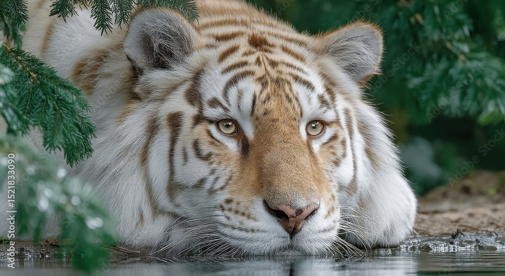 Fototapeta premium Close-Up of White Tiger Resting Near Water, Symbolizing Wildlife Conservation and Endangered Species Awareness Campaign, a Call for Environmental Protection : Generative AI