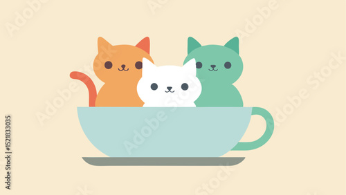 Adorable cartoon cats inside a blue teacup on a cream-colored background illustration